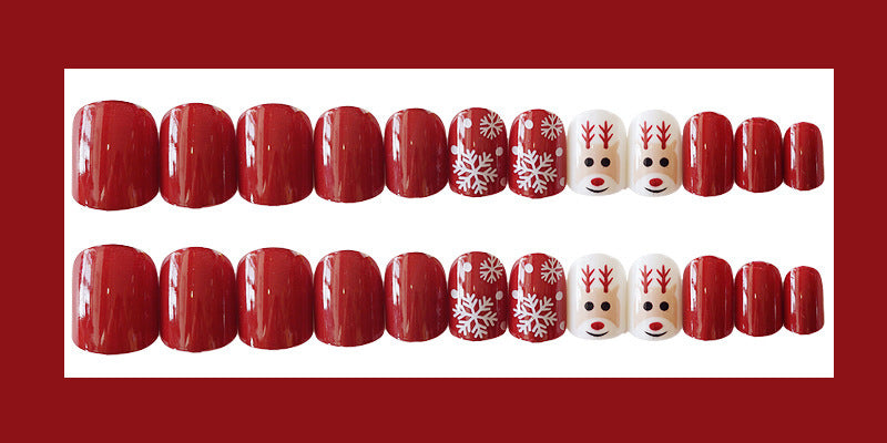 HKM-728211 Artificial Snowflake Elk Cartoon Design Fake Nails - Set of 24 for Festive Manicure