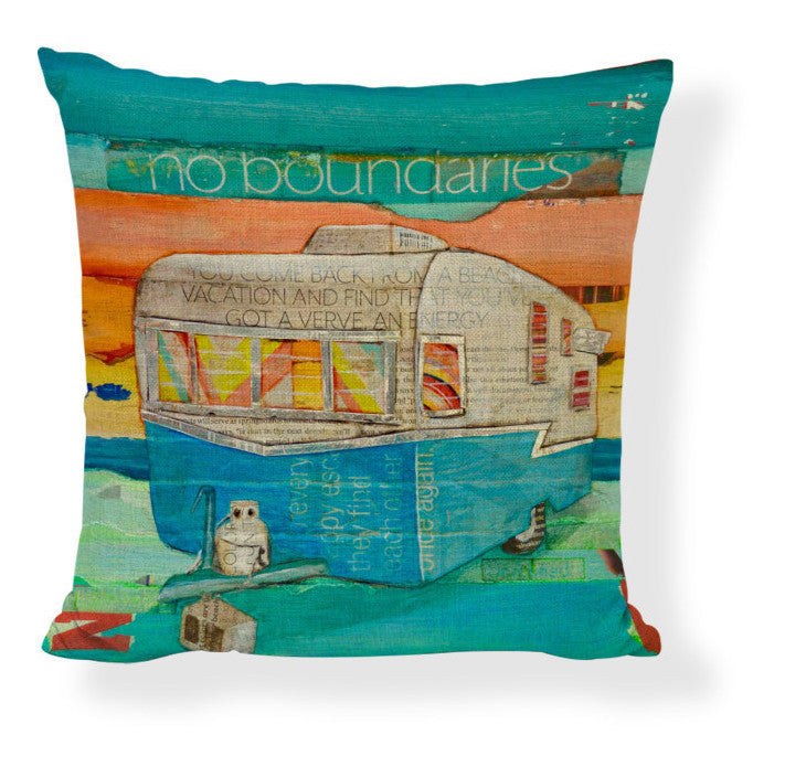 KTX-728275 Mediterranean Style Cartoon Car Oil Painting Ship Pillowcase Cover 45x45cm