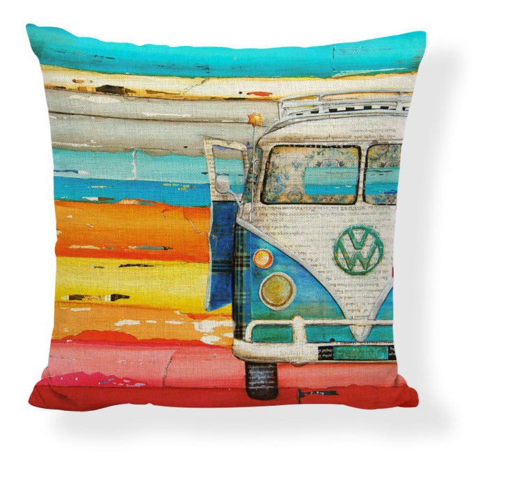 KTX-728275 Mediterranean Style Cartoon Car Oil Painting Ship Pillowcase Cover 45x45cm