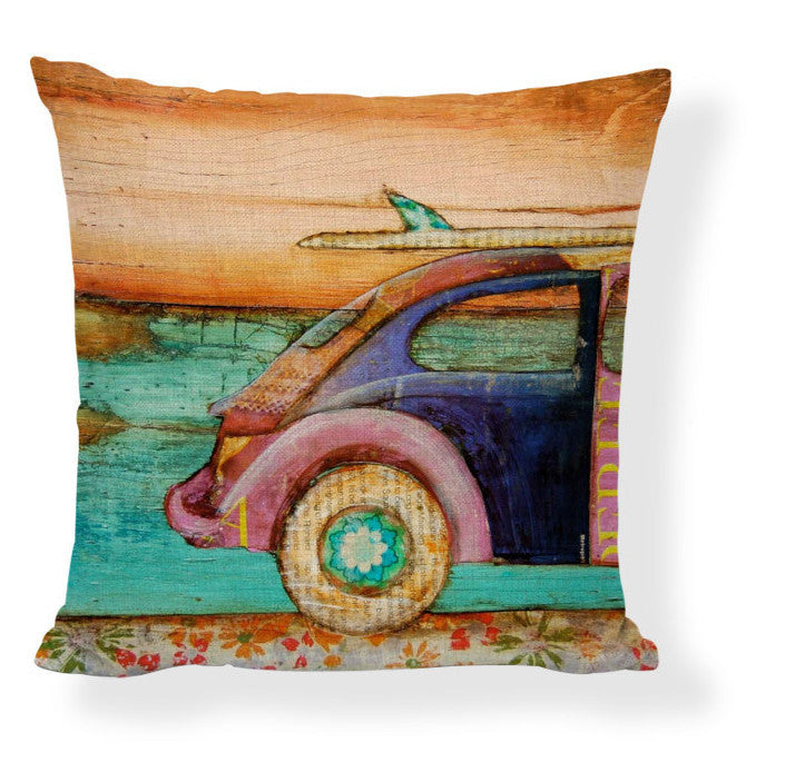 KTX-728275 Mediterranean Style Cartoon Car Oil Painting Ship Pillowcase Cover 45x45cm