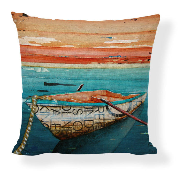 KTX-728275 Mediterranean Style Cartoon Car Oil Painting Ship Pillowcase Cover 45x45cm