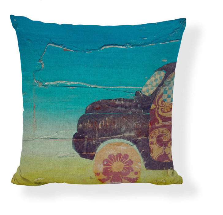 KTX-728275 Mediterranean Style Cartoon Car Oil Painting Ship Pillowcase Cover 45x45cm