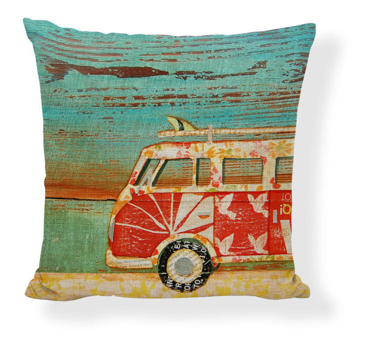 KTX-728275 Mediterranean Style Cartoon Car Oil Painting Ship Pillowcase Cover 45x45cm