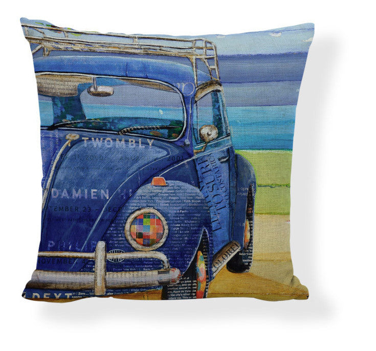 KTX-728275 Mediterranean Style Cartoon Car Oil Painting Ship Pillowcase Cover 45x45cm