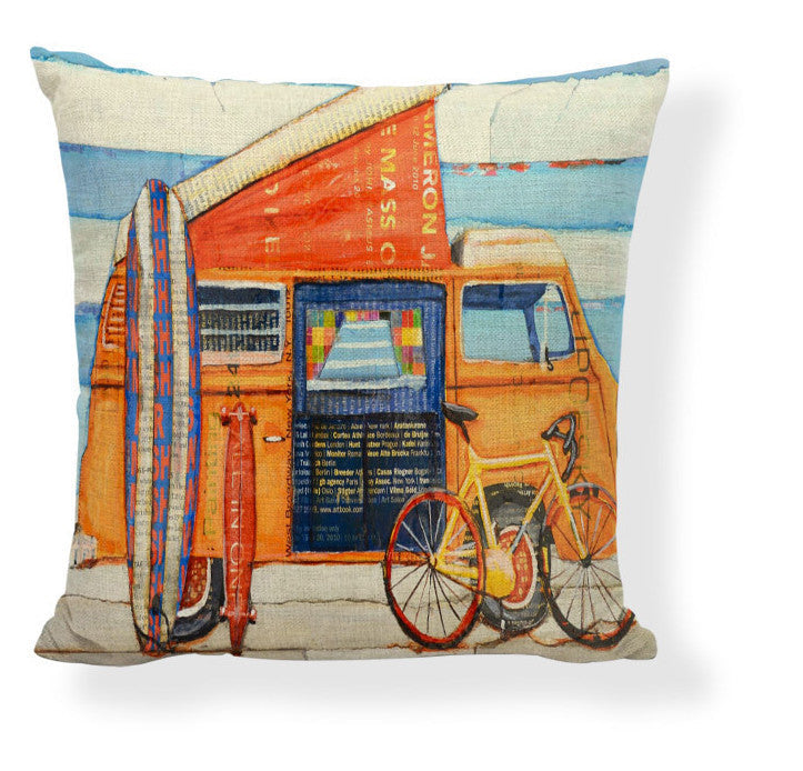 KTX-728275 Mediterranean Style Cartoon Car Oil Painting Ship Pillowcase Cover 45x45cm