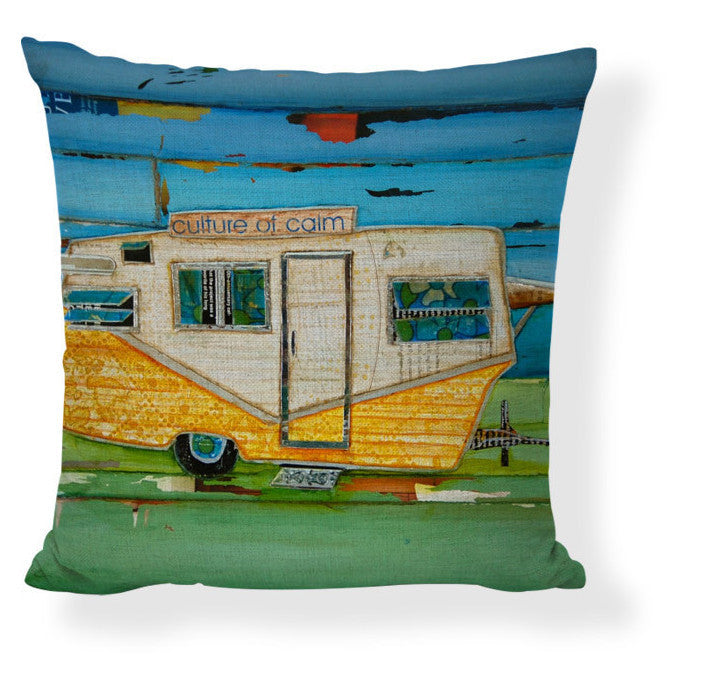 KTX-728275 Mediterranean Style Cartoon Car Oil Painting Ship Pillowcase Cover 45x45cm