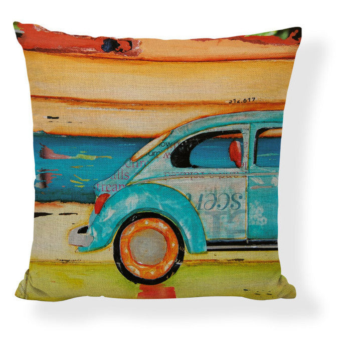 KTX-728275 Mediterranean Style Cartoon Car Oil Painting Ship Pillowcase Cover 45x45cm
