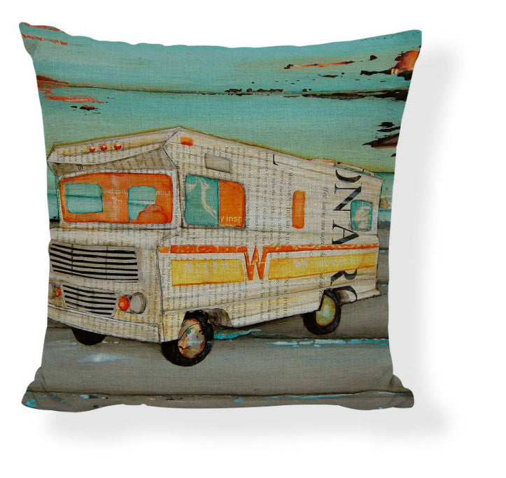 KTX-728275 Mediterranean Style Cartoon Car Oil Painting Ship Pillowcase Cover 45x45cm