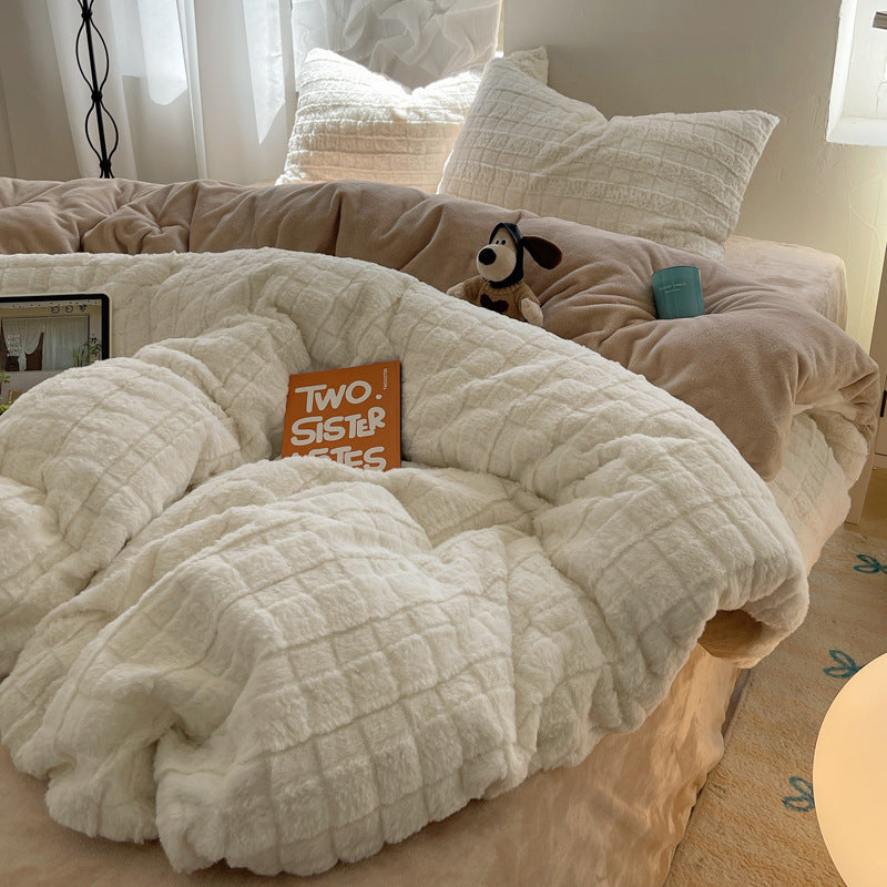 HKM-728595 Rabbit Plush Four-Piece Bedding Set with Thickened Milk Fiber Sheets and Coral Fleece Duvet Cover