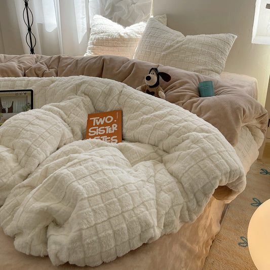 HKM-728595 Rabbit Plush Four-Piece Bedding Set with Thickened Milk Fiber Sheets and Coral Fleece Duvet Cover