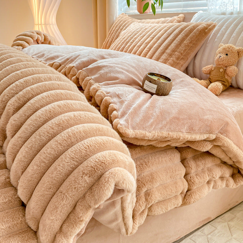 HKM-728595 Rabbit Plush Four-Piece Bedding Set with Thickened Milk Fiber Sheets and Coral Fleece Duvet Cover