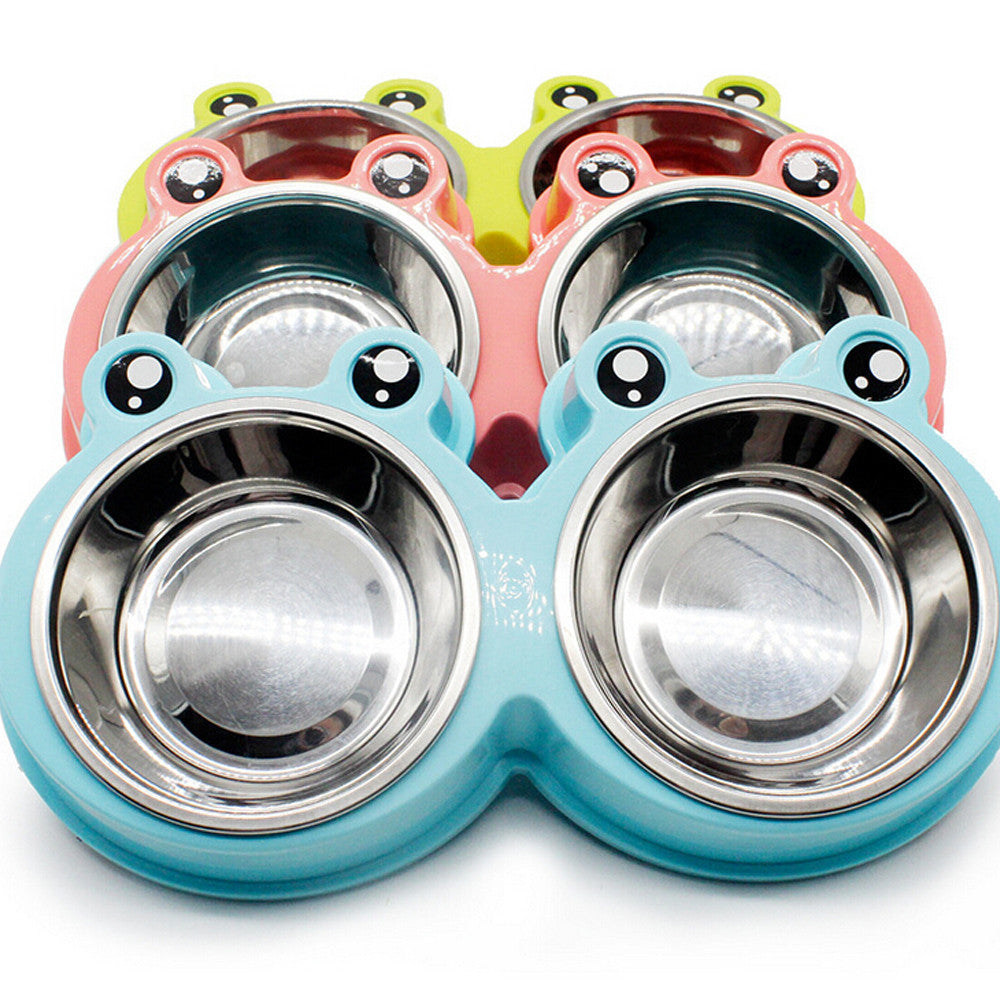 HKM-729107 Double Pet Bowl Food and Water Container - ABS & Stainless Steel, Easy to Clean, Pink, Green, Blue, 28x11.5x4cm