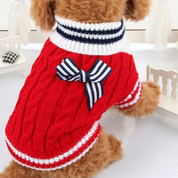 HKM-730003 Cozy Knit Sweater for Dogs with Bowknot Detail – Autumn/Winter Fashion in Blue and Red