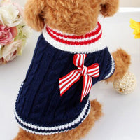 HKM-730003 Cozy Knit Sweater for Dogs with Bowknot Detail – Autumn/Winter Fashion in Blue and Red