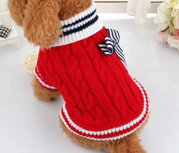 HKM-730003 Cozy Knit Sweater for Dogs with Bowknot Detail – Autumn/Winter Fashion in Blue and Red