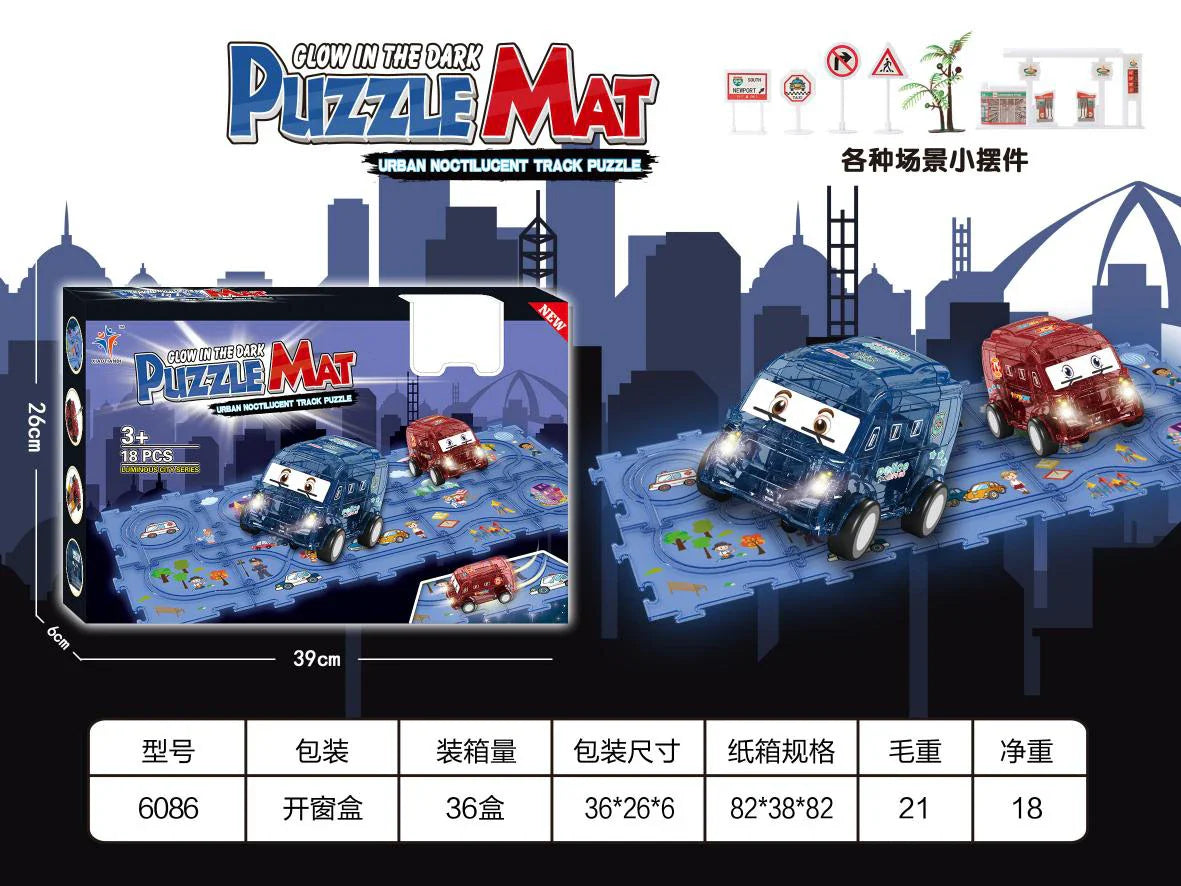 HKM-730003 Luminous Educational Jigsaw Puzzle Slot Car Track Set for Kids, DIY Electric Railcar Assembly Toy