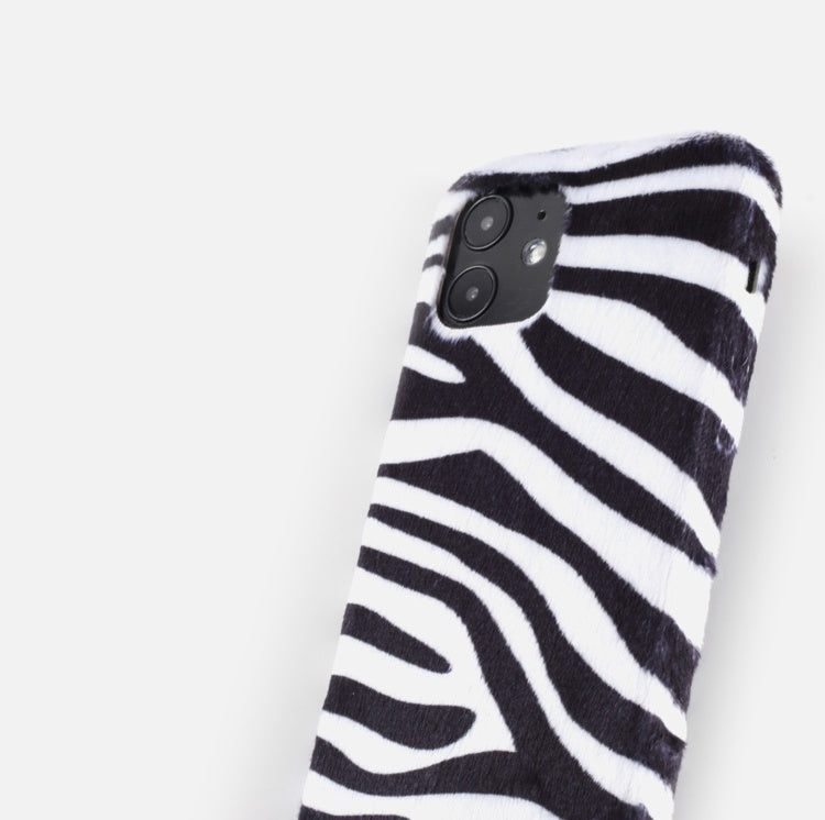 HKM-730003 Zebra Pattern Plush Phone Case for iPhone Models - Soft Mink Winter Protection