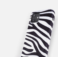 HKM-730003 Zebra Pattern Plush Phone Case for iPhone Models - Soft Mink Winter Protection