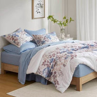 HKM-730067 Floral Comforter Set with Bed Sheets in Blue - Queen Size, Soft Microfiber and Hypoallergenic Filling