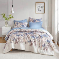 HKM-730067 Floral Comforter Set with Bed Sheets in Blue - Queen Size, Soft Microfiber and Hypoallergenic Filling
