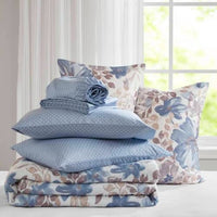 HKM-730067 Floral Comforter Set with Bed Sheets in Blue - Queen Size, Soft Microfiber and Hypoallergenic Filling