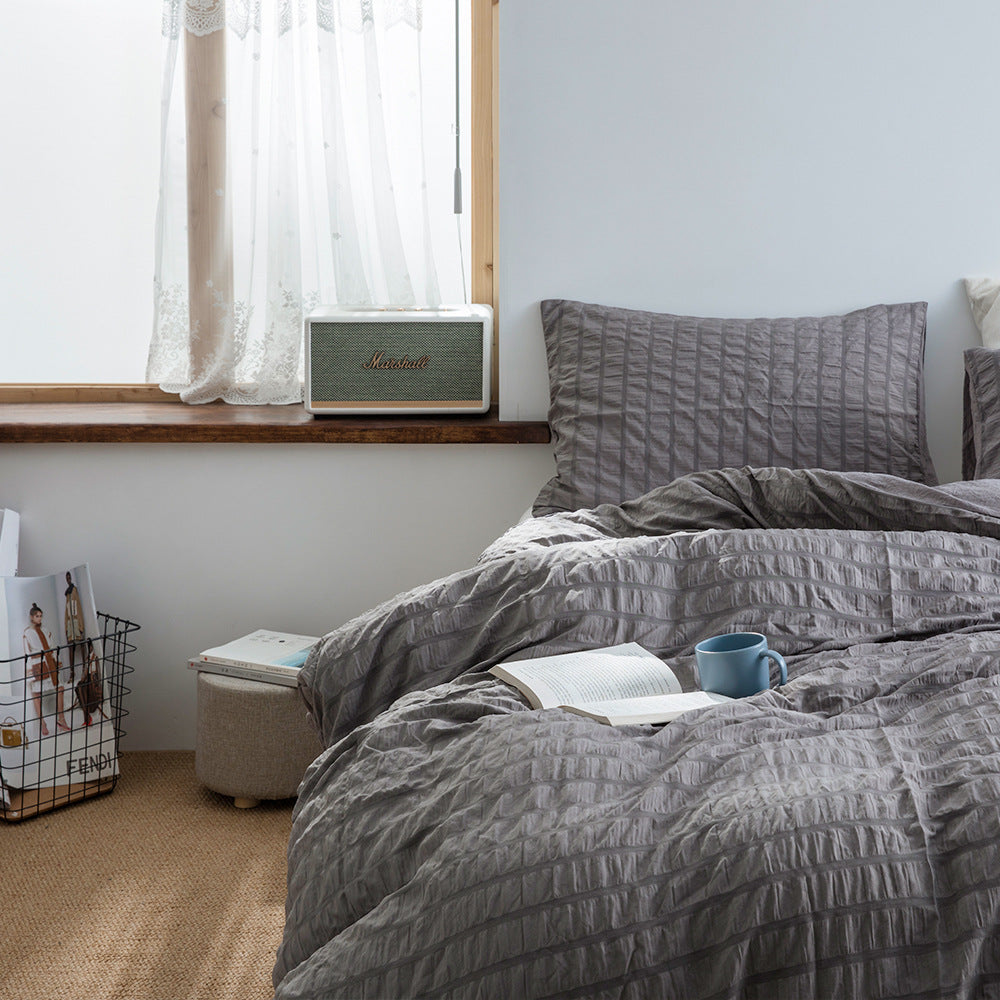 HKM-730067 Washed Cotton Seersucker Bedding Set - 3 Piece King Size Quilt Cover with Pillowcases