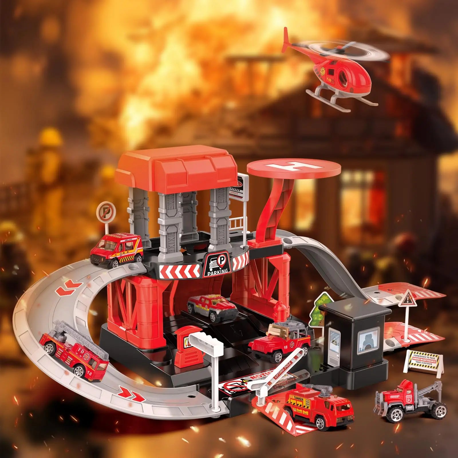 HKM-730707 Fire Station Playset with Fire Truck and Garage Track for Kids