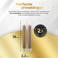 HKM-730707 Taupe 3D Flame LED Taper Candle - D2.2 x H18 cm, Realistic Flickering Light