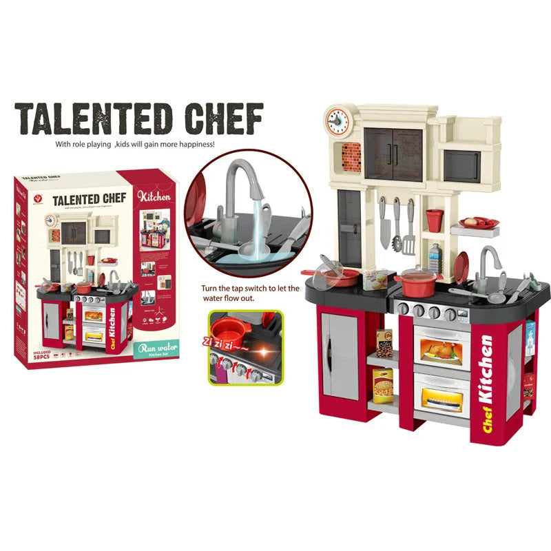 KTX-731155 Kids Pretend Play Kitchen Set with Light and Sound, Water Flow Simulation, Interactive Tableware for Ages 2 to 7