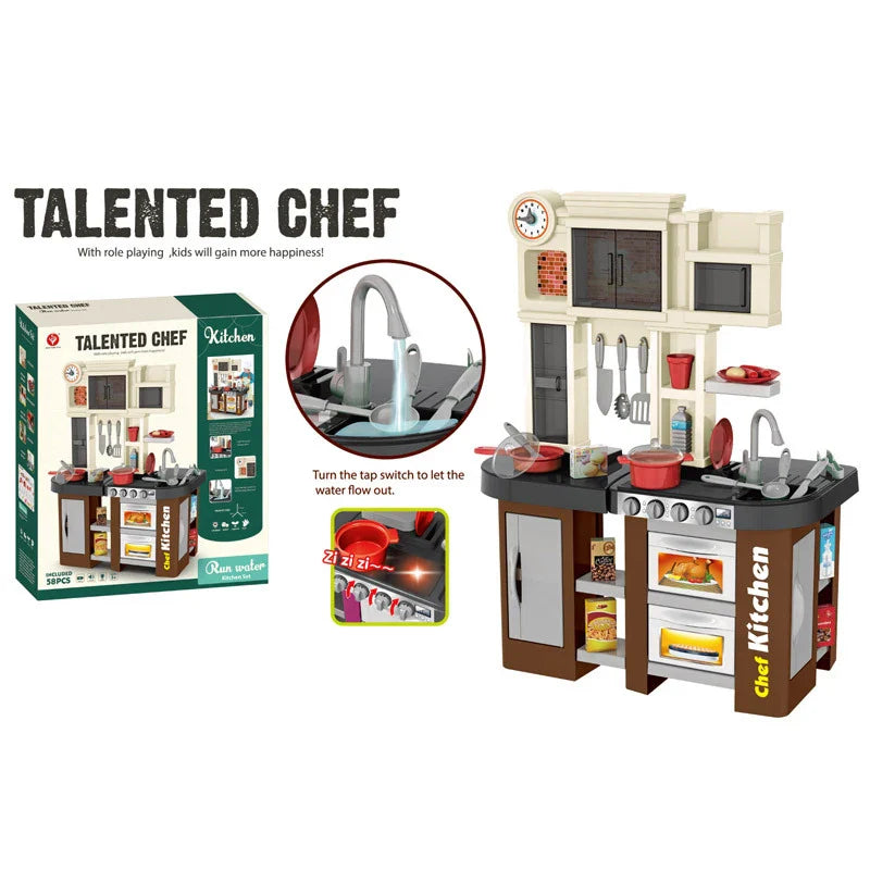 KTX-731155 Kids Pretend Play Kitchen Set with Light and Sound, Water Flow Simulation, Interactive Tableware for Ages 2 to 7