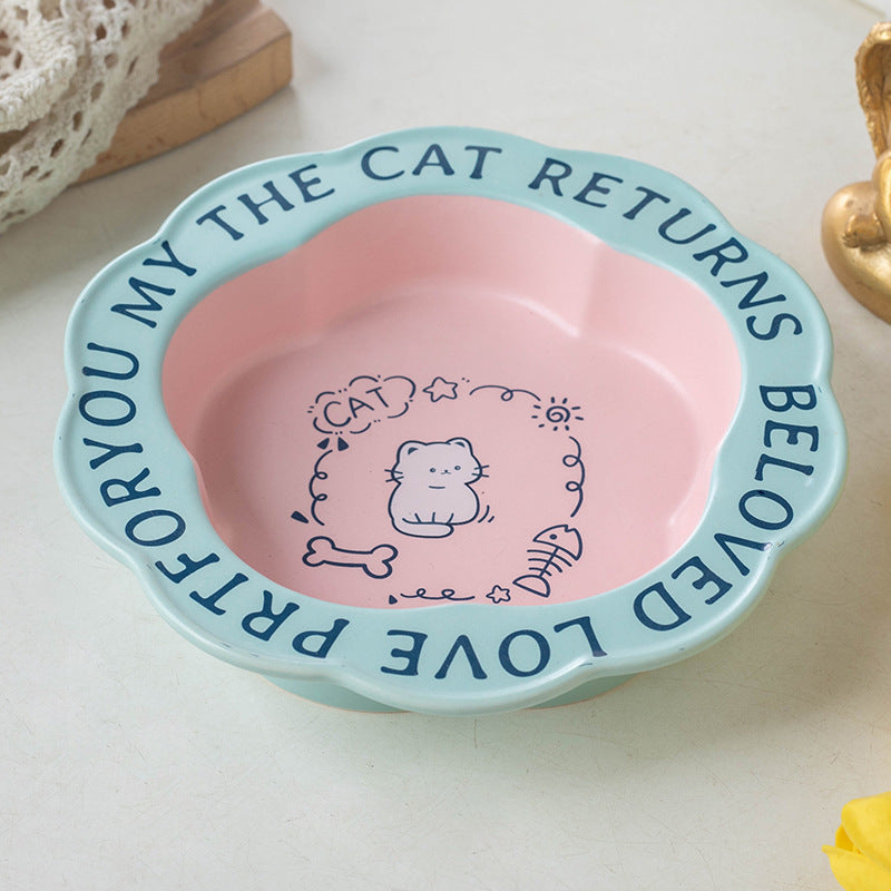 HKM-731923 Ceramic Cat Bowl with Anti-Tumble Design in Multiple Colors and Intricate Lace Pattern