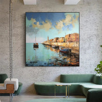 HKM-731987 Abstract Landscape Oil Painting on Canvas - Custom Boat Scenery Wall Art for Bedroom Decor