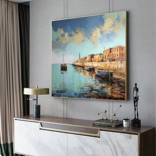HKM-731987 Abstract Landscape Oil Painting on Canvas - Custom Boat Scenery Wall Art for Bedroom Decor