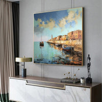 HKM-731987 Abstract Landscape Oil Painting on Canvas - Custom Boat Scenery Wall Art for Bedroom Decor
