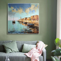 HKM-731987 Abstract Landscape Oil Painting on Canvas - Custom Boat Scenery Wall Art for Bedroom Decor