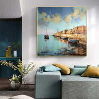 HKM-731987 Abstract Landscape Oil Painting on Canvas - Custom Boat Scenery Wall Art for Bedroom Decor