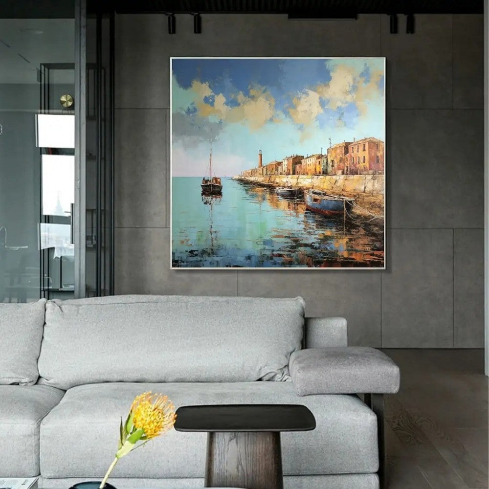 HKM-731987 Abstract Landscape Oil Painting on Canvas - Custom Boat Scenery Wall Art for Bedroom Decor