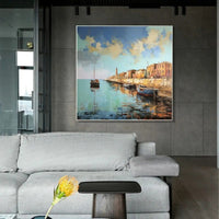 HKM-731987 Abstract Landscape Oil Painting on Canvas - Custom Boat Scenery Wall Art for Bedroom Decor