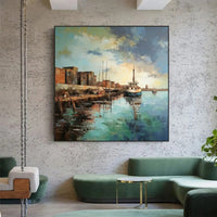 HKM-731987 Abstract Landscape Oil Painting on Canvas - Custom Boat Scenery Wall Art for Bedroom Decor