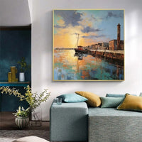 HKM-731987 Abstract Landscape Oil Painting on Canvas - Custom Boat Scenery Wall Art for Bedroom Decor