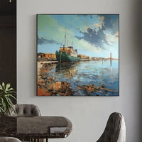 HKM-731987 Abstract Landscape Oil Painting on Canvas - Custom Boat Scenery Wall Art for Bedroom Decor