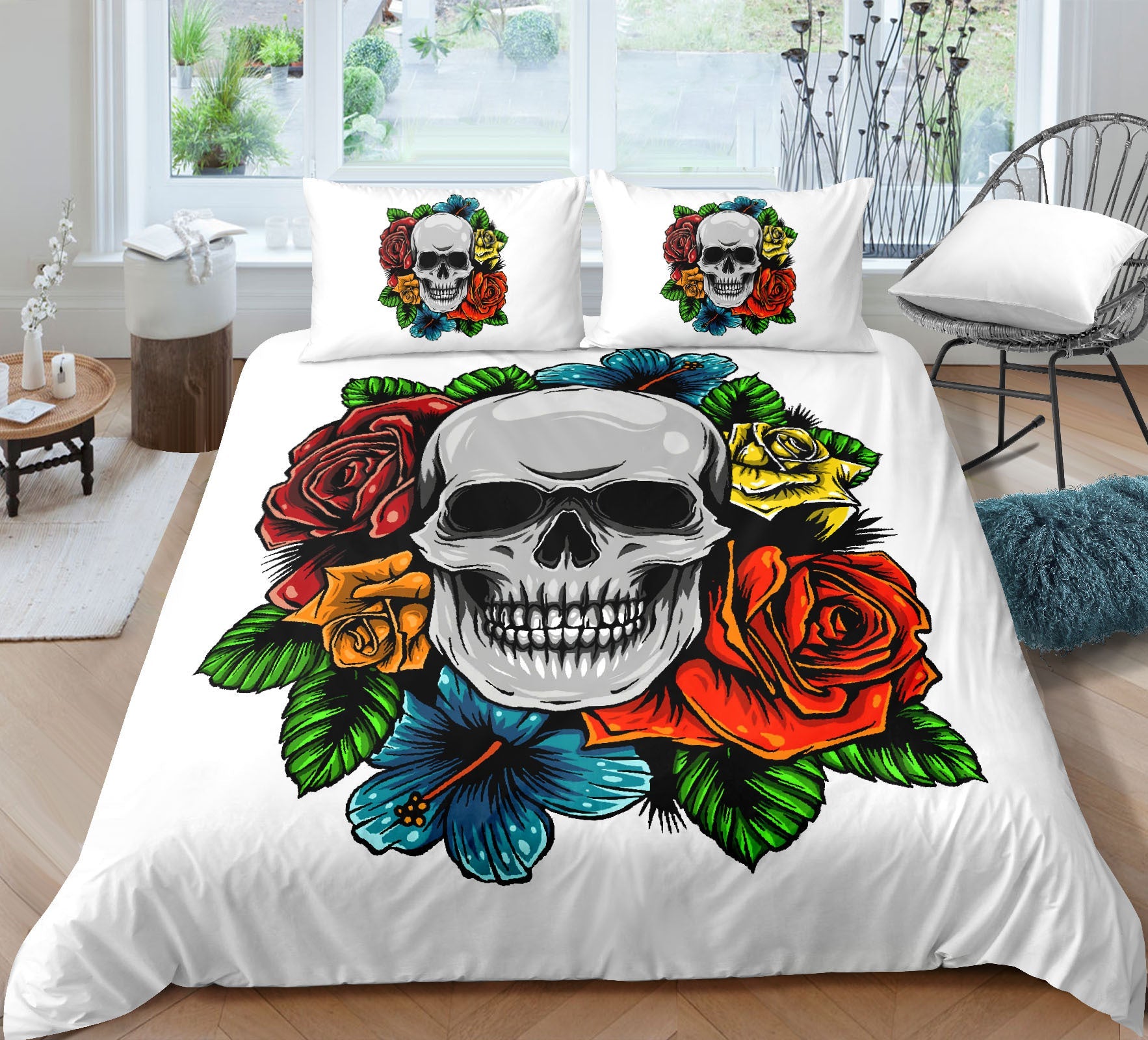HKM-732051 Skull-Themed 3D Digital Print Bedding Set - Quilt Cover & Pillowcases in Multiple Sizes