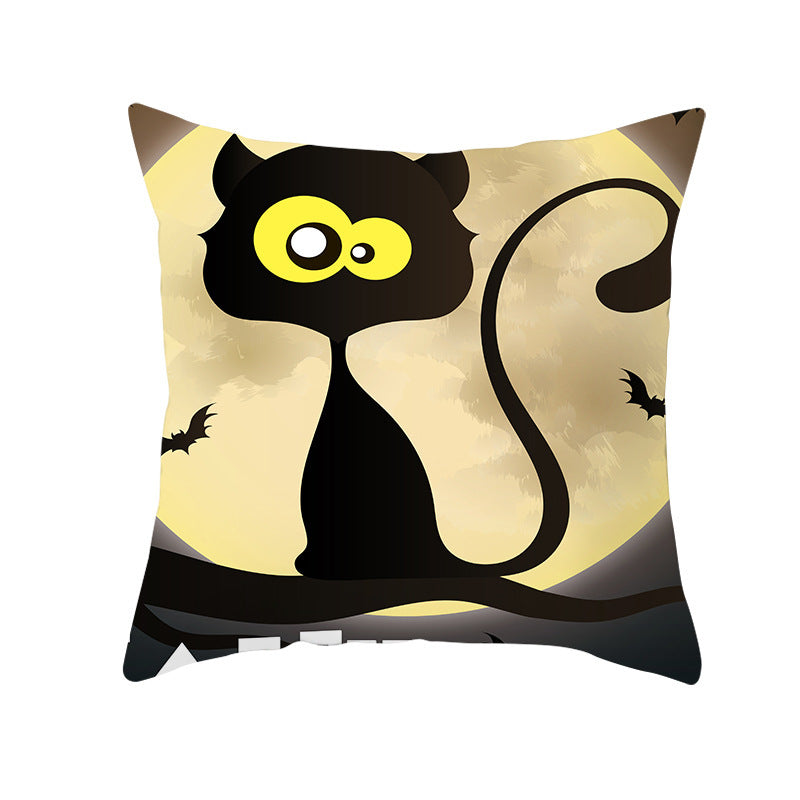 HKM-732115 Halloween Pumpkin Black Cat Pillowcase - Soft Peach Skin Material, Digital Print, 45x45cm