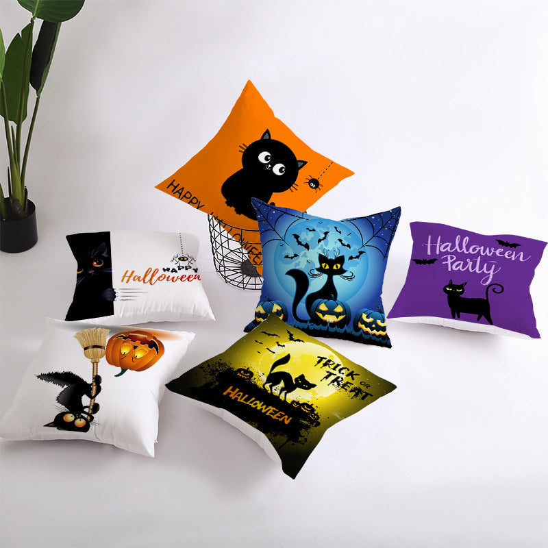 HKM-732115 Halloween Pumpkin Black Cat Pillowcase - Soft Peach Skin Material, Digital Print, 45x45cm
