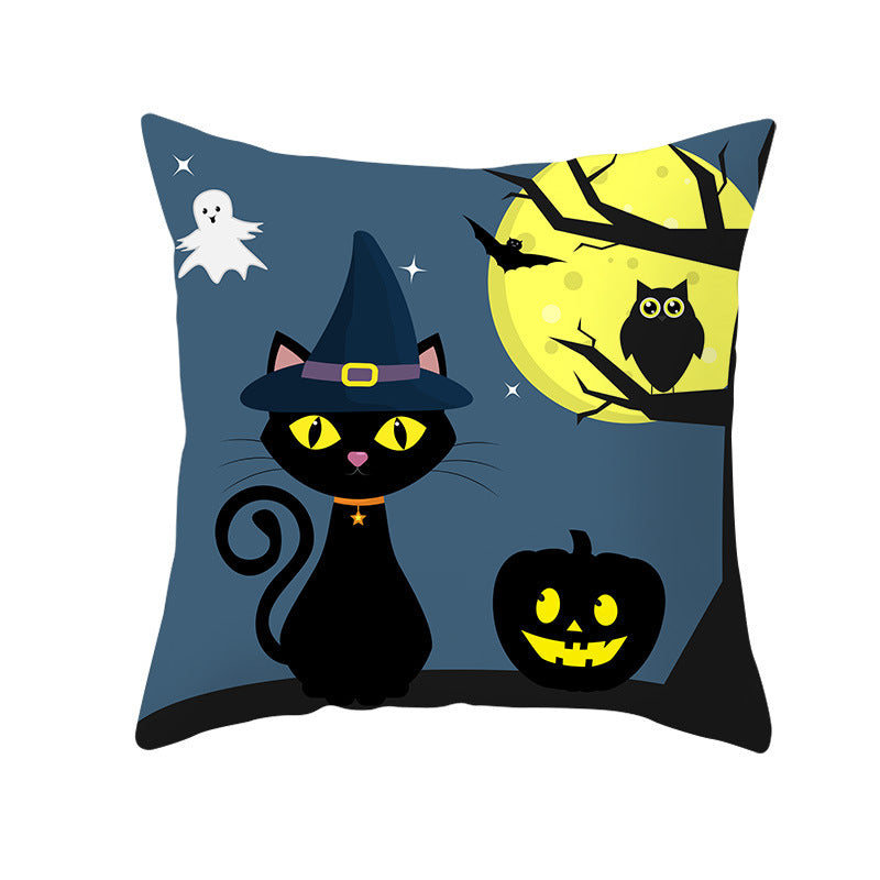 HKM-732115 Halloween Pumpkin Black Cat Pillowcase - Soft Peach Skin Material, Digital Print, 45x45cm