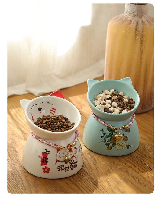 HKM-732563 Ceramic Anti-Tip Cat Food and Water Bowl in Mint Green, Peach Powder, or Ceramic White - 250G Capacity
