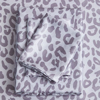 HKM-733203 Satin Artificial Silk Four-Piece Bed Sheet Set with Digital Silver Leopard Print Design
