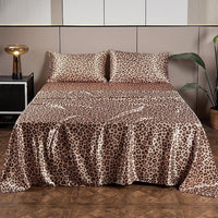 HKM-733203 Satin Artificial Silk Four-Piece Bed Sheet Set with Digital Silver Leopard Print Design