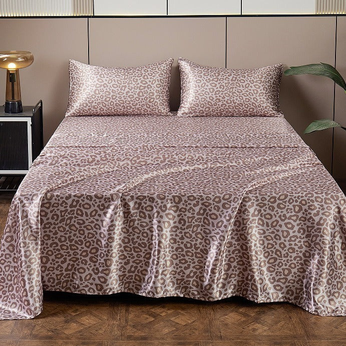 HKM-733203 Satin Artificial Silk Four-Piece Bed Sheet Set with Digital Silver Leopard Print Design