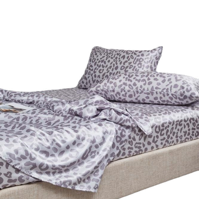 HKM-733203 Satin Artificial Silk Four-Piece Bed Sheet Set with Digital Silver Leopard Print Design